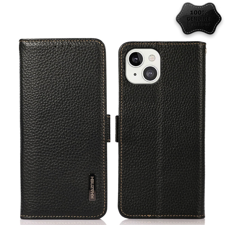 For iPhone 13 KHAZNEH Side-Magnetic Litchi Genuine Leather RFID Case(Black) Eurekaonline