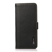 For iPhone 13 KHAZNEH Side-Magnetic Litchi Genuine Leather RFID Case(Black) Eurekaonline
