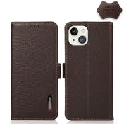 For iPhone 13 KHAZNEH Side-Magnetic Litchi Genuine Leather RFID Case(Brown) Eurekaonline