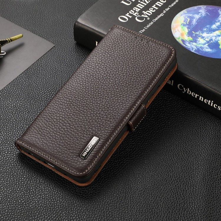 For iPhone 13 KHAZNEH Side-Magnetic Litchi Genuine Leather RFID Case(Brown) Eurekaonline