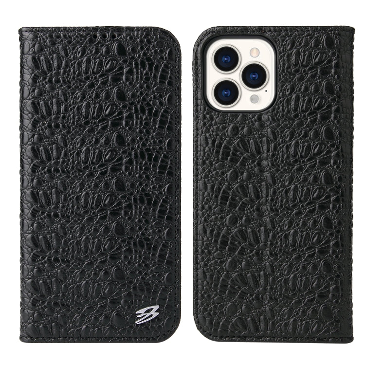 For iPhone 13 Pro Fierre Shann Crocodile Texture Magnetic Horizontal Flip Genuine Leather Case with Holder & Card Slot (Black) Eurekaonline