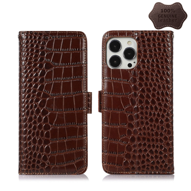 For iPhone 13 Pro Max Crocodile Top Layer Cowhide Leather Phone Case (Brown) Eurekaonline