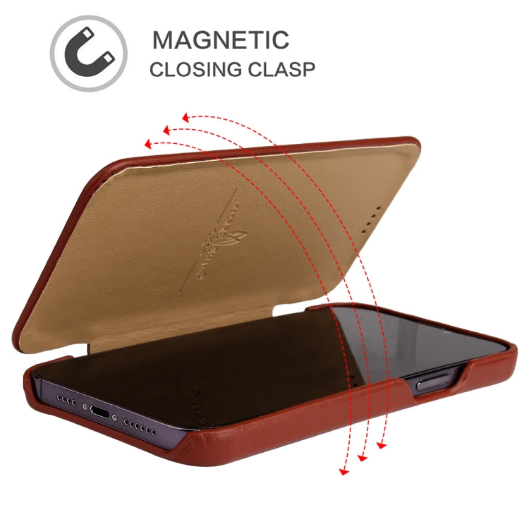 For iPhone 13 Pro Max Fierre Shann Magnetic Genuine Leather Phone Case (Brown) Eurekaonline