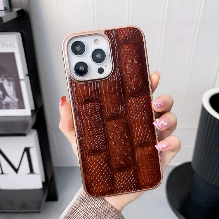 For iPhone 13 Pro Max Nano Electroplate Mahjong Texture Leather Phone Case(Brown) Eurekaonline