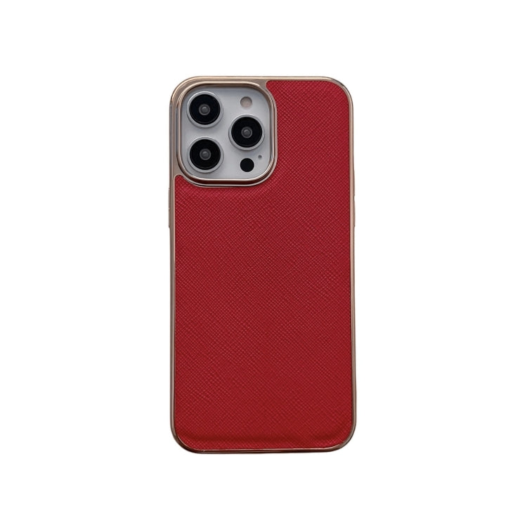 For iPhone 13 Pro Max Nano Electroplating Cross Texture Genuine Leather Phone Case(Red) Eurekaonline