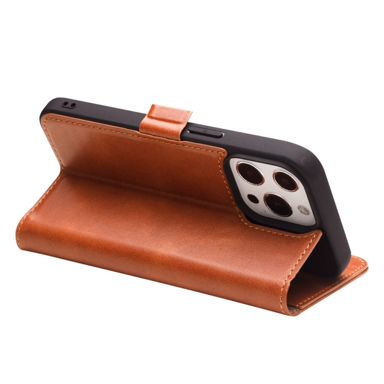 For iPhone 13 Pro Max QIALINO Magnetic Buckle Leather Phone Case (Brown) Eurekaonline