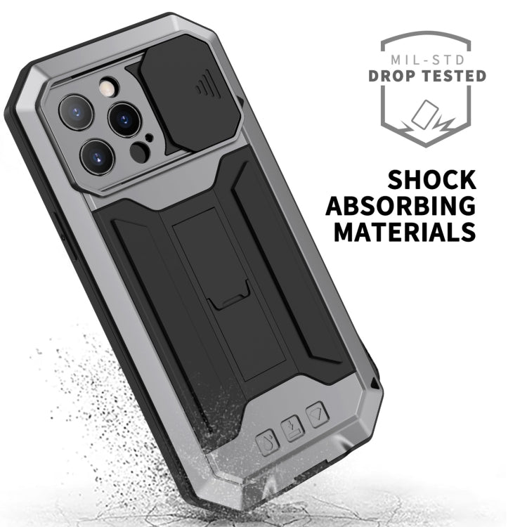 For iPhone 13 Pro R-JUST Sliding Camera Shockproof Waterproof Dust-proof Metal + Silicone Protective Case with Holder (Silver) Eurekaonline