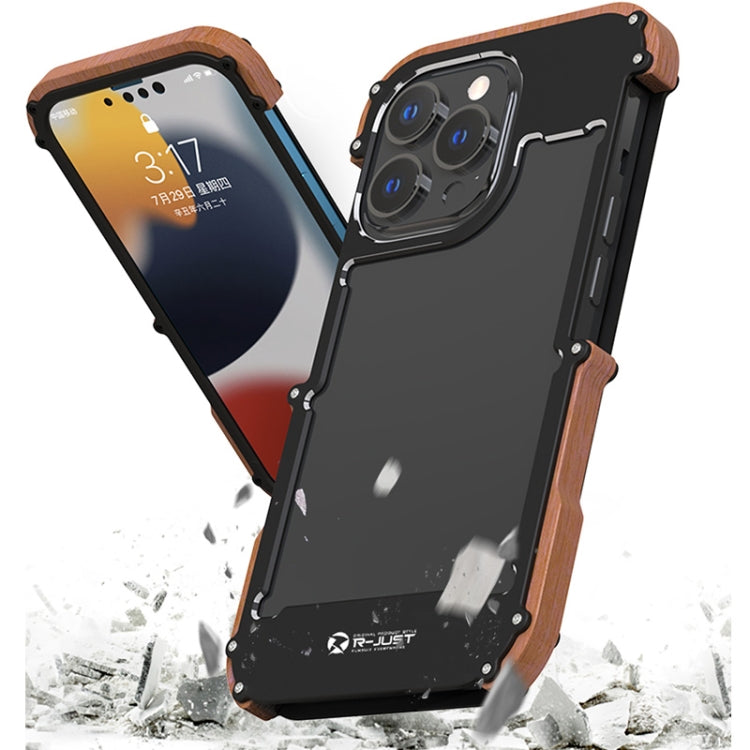 For iPhone 13 R-JUST Ironwood Man Shockproof Metal + Wood Bumper Protective Case Eurekaonline