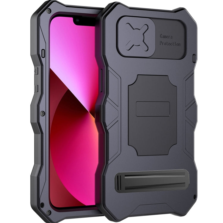 For iPhone 14 Camshield Tri-poof Metal Phone Case with Holder(Black) Eurekaonline