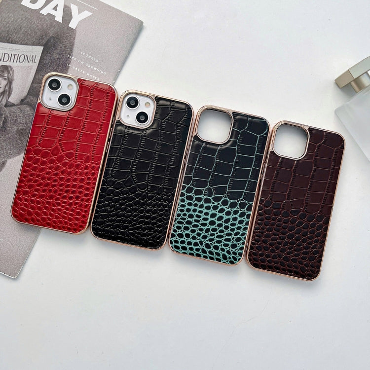 For iPhone 14 Crocodile Texture Genuine Leather Nano Electroplating Phone Case (Black) Eurekaonline