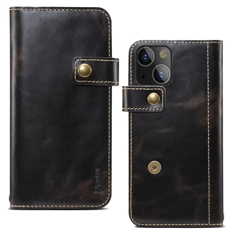 For iPhone 14 Denior Oil Wax Cowhide DK Magnetic Button Leather Phone Case(Black) Eurekaonline