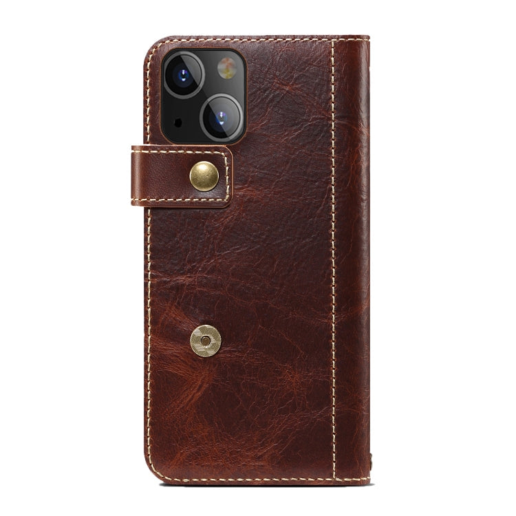 For iPhone 14 Denior Oil Wax Cowhide DK Magnetic Button Leather Phone Case(Brown) Eurekaonline