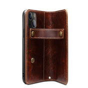 For iPhone 14 Denior Oil Wax Cowhide DK Magnetic Button Leather Phone Case(Brown) Eurekaonline