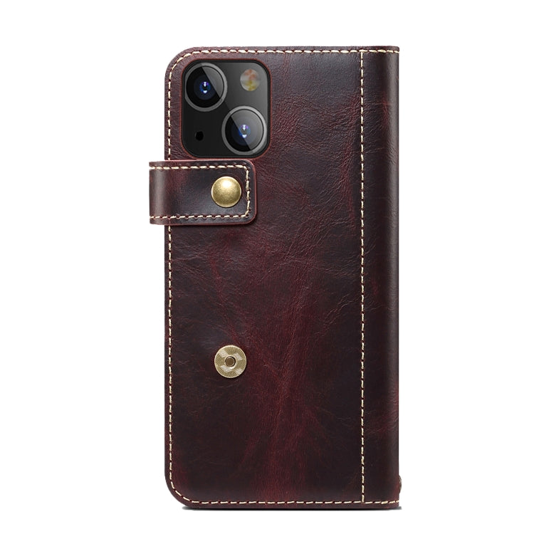 For iPhone 14 Denior Oil Wax Cowhide DK Magnetic Button Leather Phone Case(Dark Red) Eurekaonline