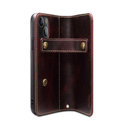 For iPhone 14 Denior Oil Wax Cowhide DK Magnetic Button Leather Phone Case(Dark Red) Eurekaonline