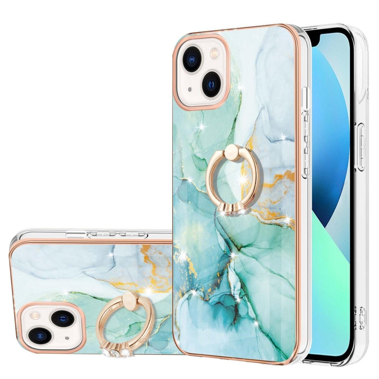 For iPhone 14 Electroplating Marble Pattern IMD TPU Shockproof Case with Ring Holder (Green 003) Eurekaonline