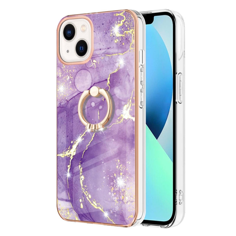 For iPhone 14 Electroplating Marble Pattern IMD TPU Shockproof Case with Ring Holder (Purple 002) Eurekaonline
