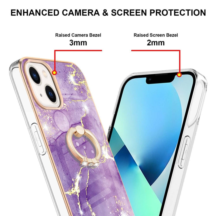For iPhone 14 Electroplating Marble Pattern IMD TPU Shockproof Case with Ring Holder (Purple 002) Eurekaonline