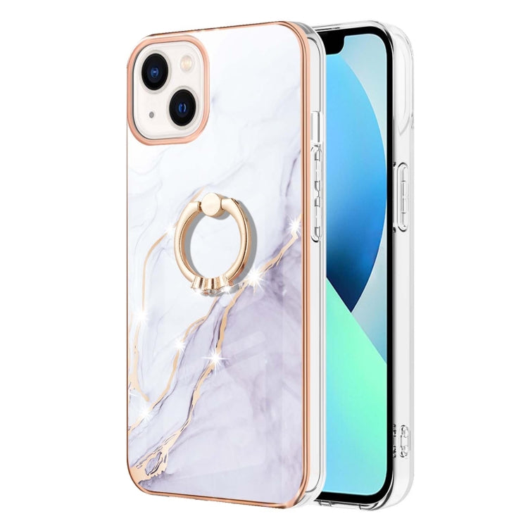 For iPhone 14 Electroplating Marble Pattern IMD TPU Shockproof Case with Ring Holder (White 006) Eurekaonline