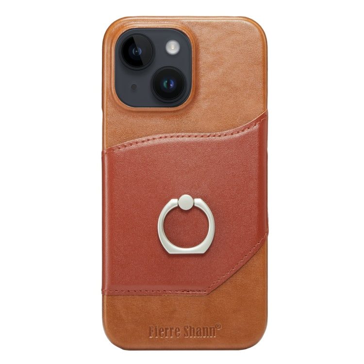 For iPhone 14 Fierre Shann Oil Wax Texture Genuine Leather Back Case (Brown) Eurekaonline