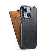 For iPhone 14 Fierre Shann Oil Wax Texture Vertical Flip PU Phone Case (Black) Eurekaonline