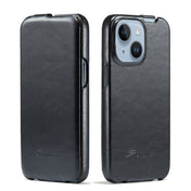 For iPhone 14 Fierre Shann Oil Wax Texture Vertical Flip PU Phone Case (Black) Eurekaonline