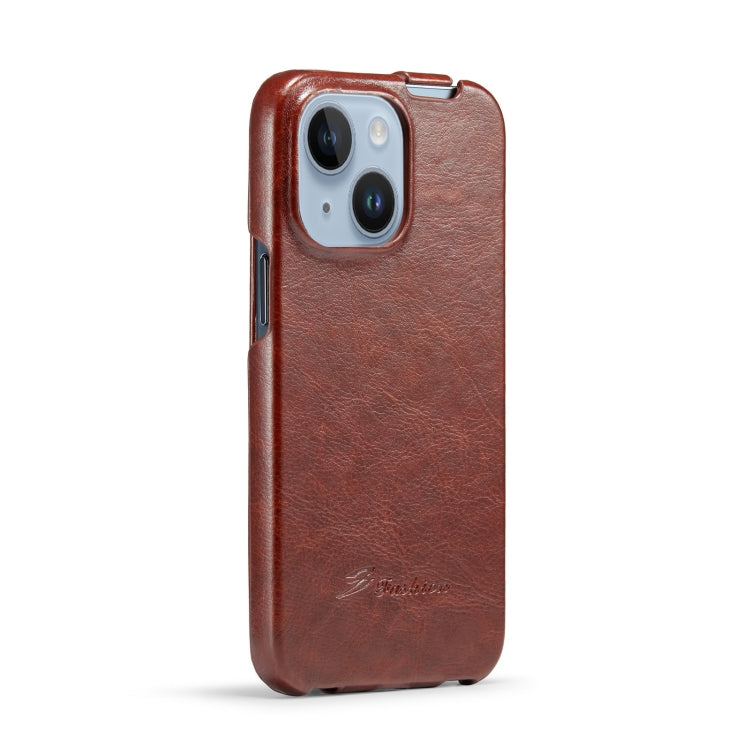 For iPhone 14 Fierre Shann Oil Wax Texture Vertical Flip PU Phone Case (Brown) Eurekaonline