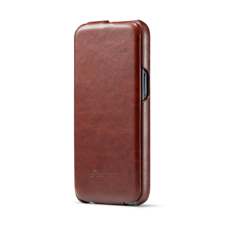 For iPhone 14 Fierre Shann Oil Wax Texture Vertical Flip PU Phone Case (Brown) Eurekaonline