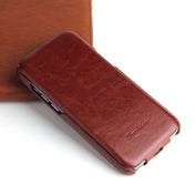 For iPhone 14 Fierre Shann Oil Wax Texture Vertical Flip PU Phone Case (Brown) Eurekaonline