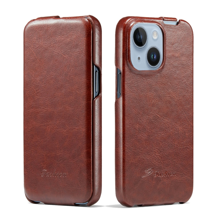 For iPhone 14 Fierre Shann Oil Wax Texture Vertical Flip PU Phone Case (Brown) Eurekaonline