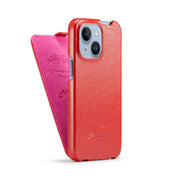 For iPhone 14 Fierre Shann Oil Wax Texture Vertical Flip PU Phone Case (Red) Eurekaonline