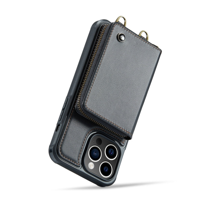For iPhone 14 JEEHOOD C22 Series Zipper Wallet Phone Case with Long and Short Lanyard(Black) Eurekaonline