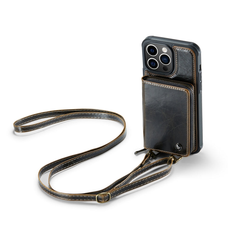 For iPhone 14 JEEHOOD C22 Series Zipper Wallet Phone Case with Long and Short Lanyard(Coffee) Eurekaonline