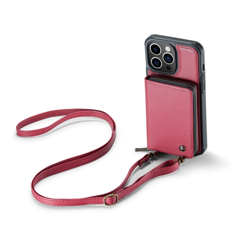 For iPhone 14 JEEHOOD C22 Series Zipper Wallet Phone Case with Long and Short Lanyard(Red) Eurekaonline