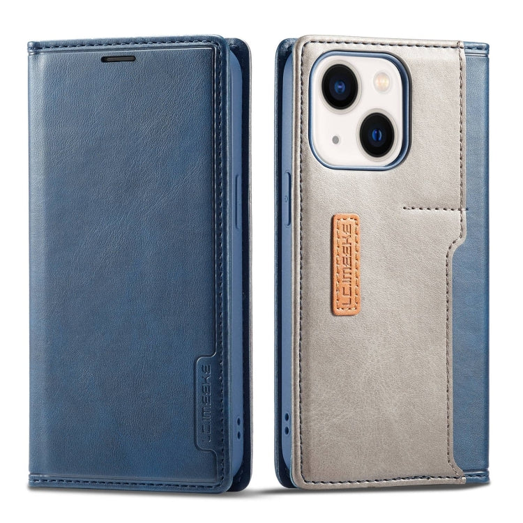 For iPhone 14 LC.IMEEKE LC-001 Color Matching Frosted Leather Phone Case (Blue) Eurekaonline