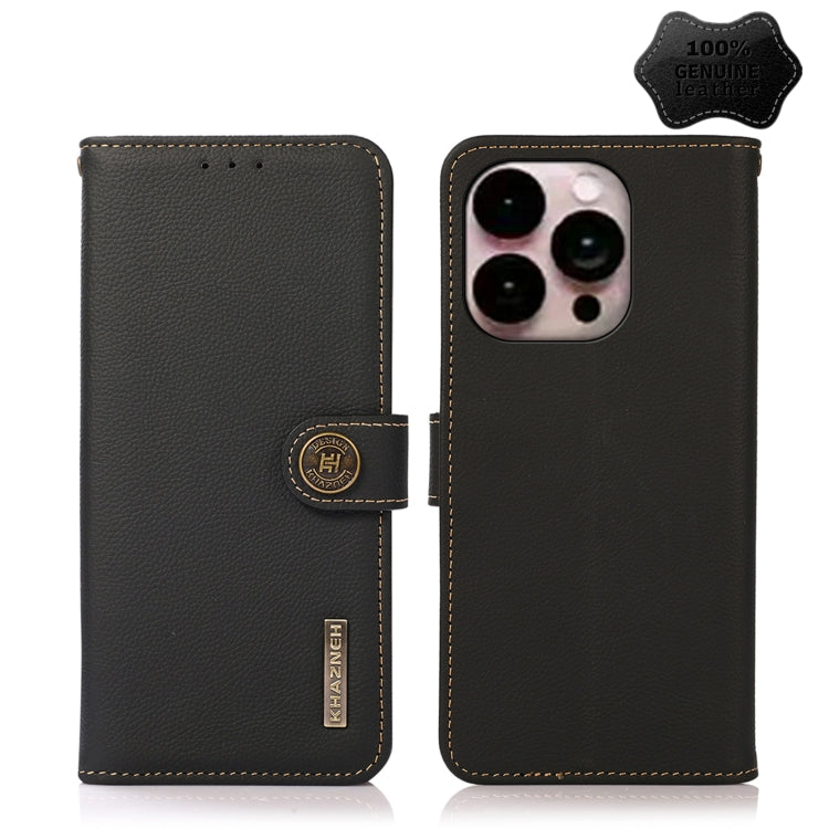 For iPhone 14 Pro Max KHAZNEH Custer Genuine Leather RFID Phone Case (Black) Eurekaonline