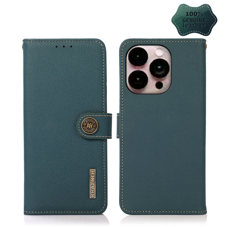 For iPhone 14 Pro Max KHAZNEH Custer Genuine Leather RFID Phone Case (Green) Eurekaonline