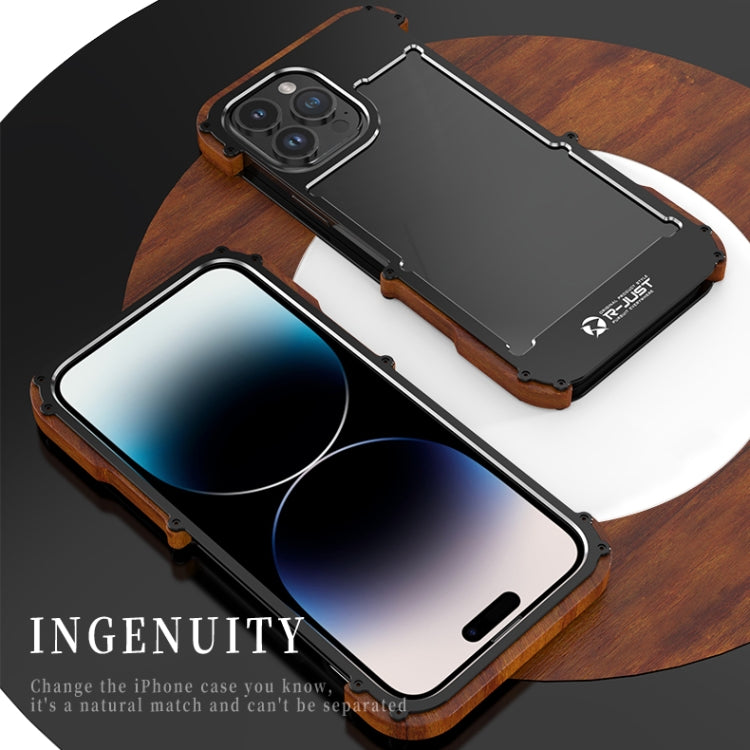For iPhone 14 R-JUST Ironwood Generation Metal + Wood Phone Case Eurekaonline