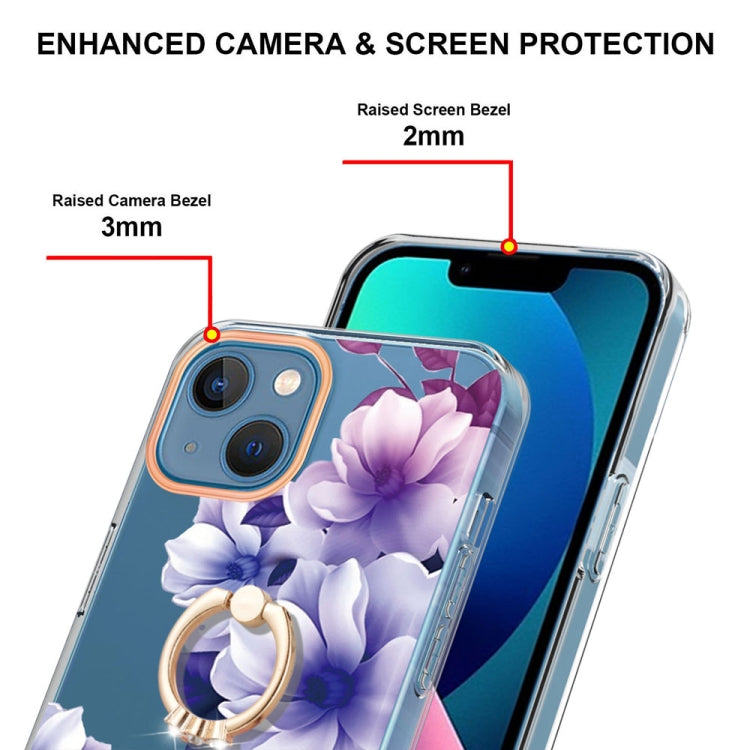 For iPhone 14 Ring IMD Flowers TPU Phone Case (Purple Begonia) Eurekaonline