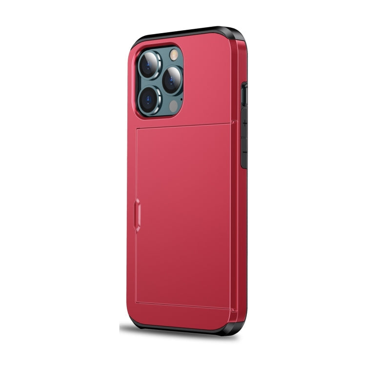 For iPhone 14 Shockproof Armor Protective Phone Case with Slide Card Slot (Red) Eurekaonline