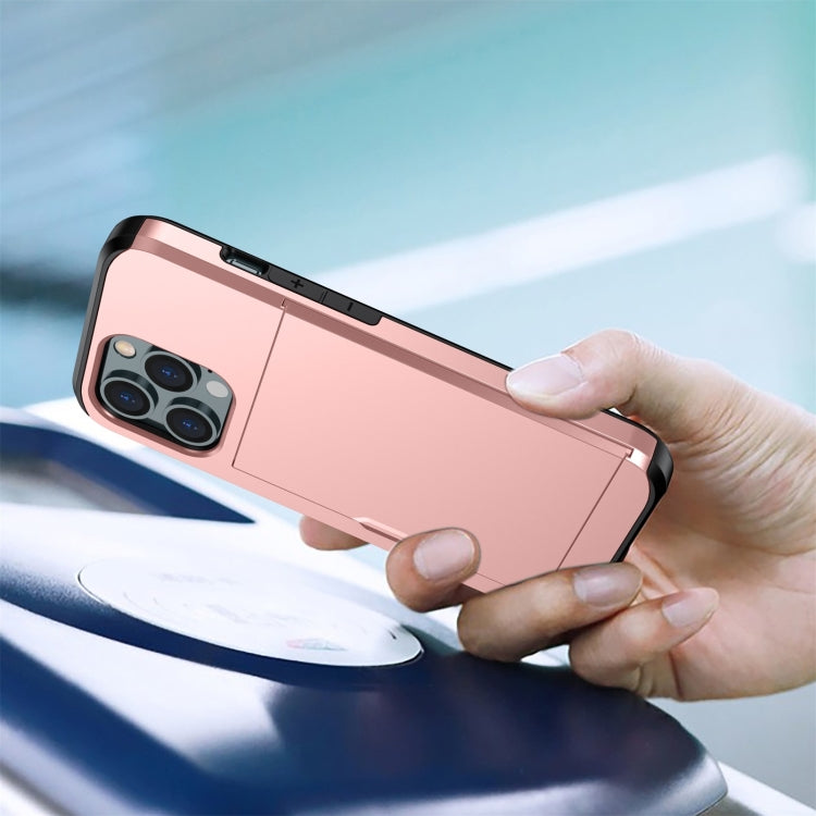 For iPhone 14 Shockproof Armor Protective Phone Case with Slide Card Slot (Rose Gold) Eurekaonline