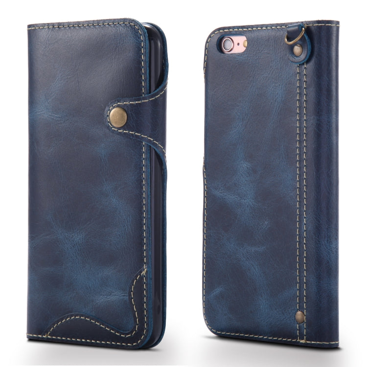 For iPhone 6 Denior Oil Wax Cowhide Magnetic Button Horizontal Flip Leather Case with Card Slots & Wallet(Dark Blue) Eurekaonline