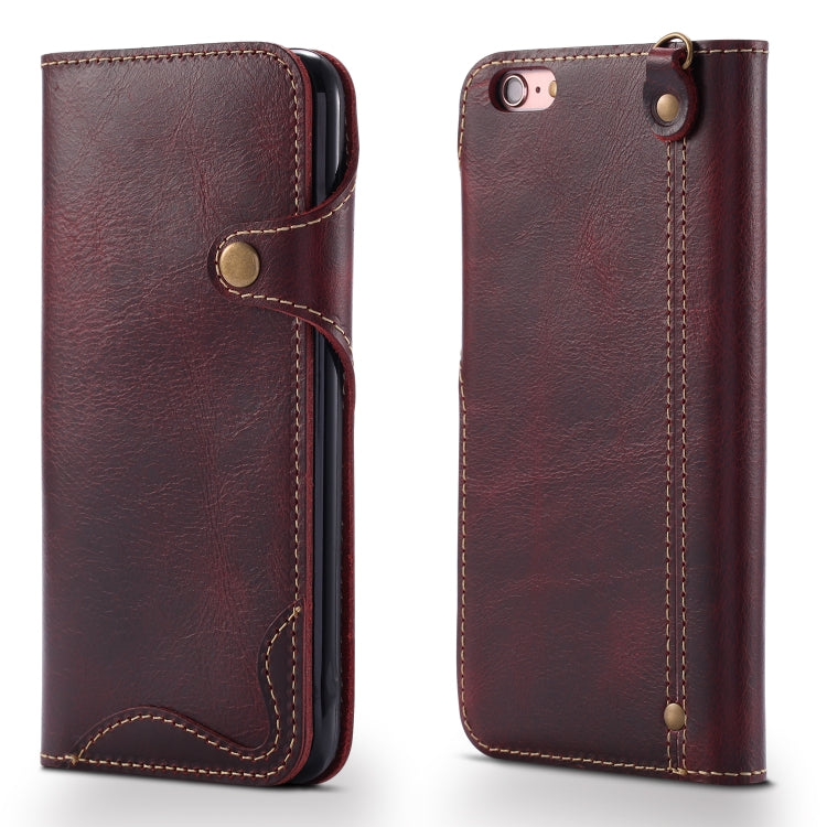 For iPhone 6 Plus / 6s Plus Denior Oil Wax Cowhide Magnetic Button Horizontal Flip Leather Case with Card Slots & Wallet(Dark Red) Eurekaonline