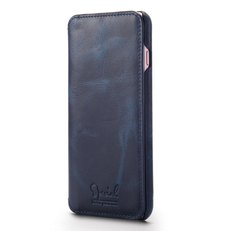  8 Plus Denior Oil Wax Cowhide Simple Horizontal Flip Leather Case with Card Slots & Wallet(Dark Blue) Eurekaonline