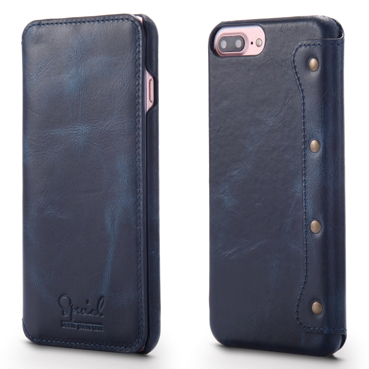  8 Plus Denior Oil Wax Cowhide Simple Horizontal Flip Leather Case with Card Slots & Wallet(Dark Blue) Eurekaonline