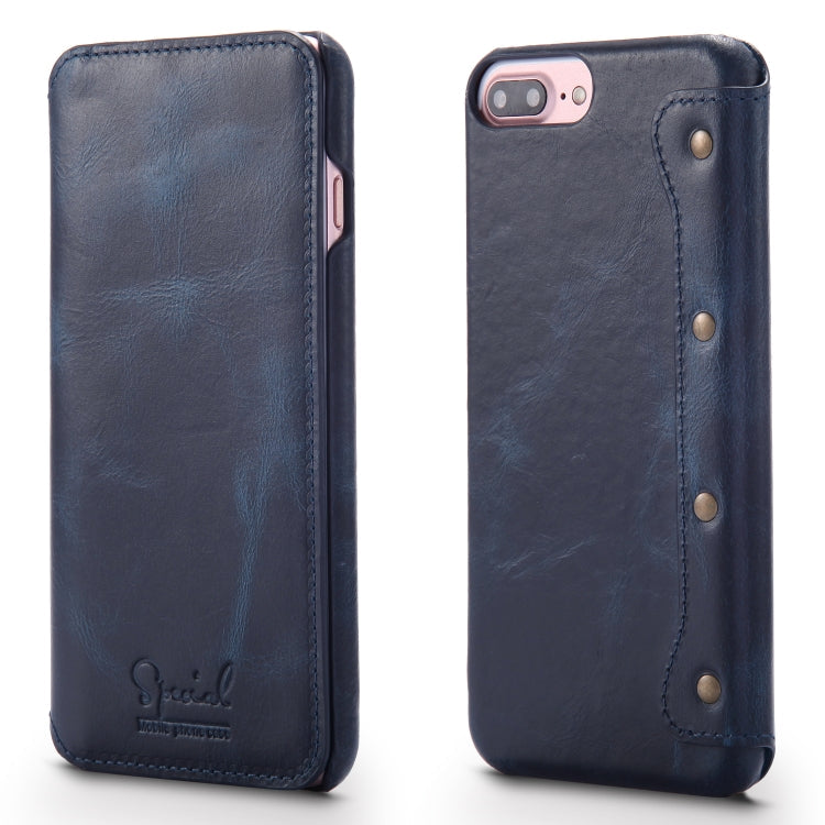 For iPhone 6 Plus / 7 Plus / 8 Plus Denior Oil Wax Cowhide Simple Horizontal Flip Leather Case with Card Slots & Wallet(Dark Blue) Eurekaonline