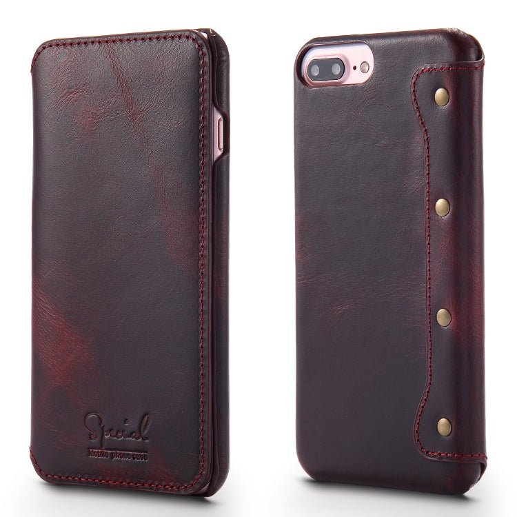  8 Plus Denior Oil Wax Cowhide Simple Horizontal Flip Leather Case with Card Slots & Wallet(Dark Red) Eurekaonline