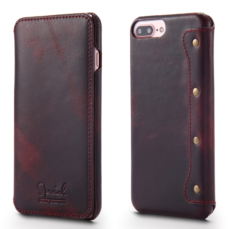 For iPhone 6 Plus / 7 Plus / 8 Plus Denior Oil Wax Cowhide Simple Horizontal Flip Leather Case with Card Slots & Wallet(Dark Red) Eurekaonline