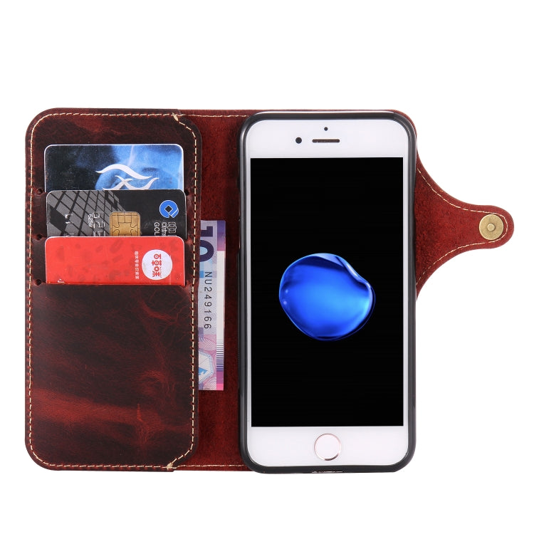 For iPhone 7 / 8 Denior Oil Wax Cowhide Magnetic Button Horizontal Flip Leather Case with Card Slots & Wallet(Dark Red) Eurekaonline