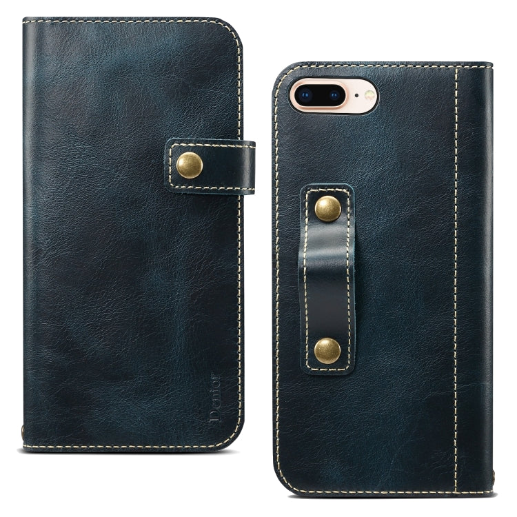  8 Plus Denior Oil Wax Cowhide DK Magnetic Button Horizontal Flip Leather Case with Holder & Card Slots & Wallet(Dark Blue) Eurekaonline